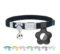 Personalized Safety Elastic Cat Collars with Bell Soft Silicone Cover for Air Tag,Laser Customized Stretch Kitten Collars for Girls Boys Cats (Black)