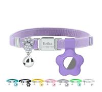 Personalized Safety Elastic Cat Collars with Bell Soft Silicone Cover for Air Tag,Laser Customized Stretch Kitten Collars for Girls Boys Cats (Purple)