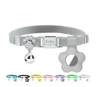 Personalized Safety Elastic Cat Collars with Bell Soft Silicone Cover for Air Tag,Laser Customized Stretch Kitten Collars for Girls Boys Cats (Grey)