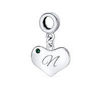 Personalized Script Initial Alphabet Letter N Simulated Emerald Green Crystal Accent Heart Shape Dangle Bead Charm .925 Sterling Silver For Women Teen European Bracelet Custom Engraved