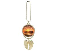 Personalized Sea Lighthouse in Sunset Car Rearview Mirror Ornament Double Side Custom Photo Picture Car Hanging Pendant Accessories Alloy Angel Wings Vehicle Decoration Golden