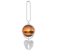 Personalized Sea Lighthouse in Sunset Car Rearview Mirror Ornament Double Side Custom Photo Picture Car Hanging Pendant Accessories Alloy Angel Wings Vehicle Decoration Silver