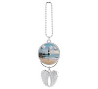 Personalized Sea Lighthouse Sandbeach Car Rearview Mirror Ornament Double Side Custom Photo Picture Car Hanging Pendant Accessories Alloy Angel Wings Vehicle Decoration Silver