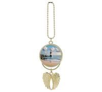Personalized Sea Lighthouse Sandbeach Car Rearview Mirror Ornament Double Side Custom Photo Picture Car Hanging Pendant Accessories Alloy Angel Wings Vehicle Decoration Golden
