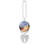 Personalized Sea Lighthouses Sandbeach Car Rearview Mirror Ornament Double Side Custom Photo Picture Car Hanging Pendant Accessories Alloy Angel Wings Vehicle Decoration Silver