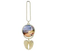 Personalized Sea Lighthouses Sandbeach Car Rearview Mirror Ornament Double Side Custom Photo Picture Car Hanging Pendant Accessories Alloy Angel Wings Vehicle Decoration Golden