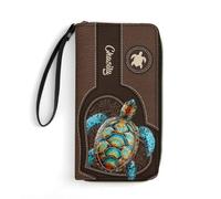 Personalized Sea Turtle Women Leather Wallet Custom Bifold Wallets with Name Parent-child Purse Zipper Coin Cash Multi Card Travel Clutch Wristlet Credit Card Holder for Women Mom From Children