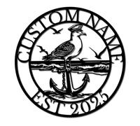 Personalized Seagull Metal Wall Art, Custom Name Seagull Coastal Sign with Ocean Waves, Sunset and Lighthouse, Beach House Decor for Porch, Living Room & Lake Cabin, Home Decor (Style-1)