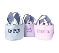 Personalized Seersucker Easter Basket with Gingham Floppy Bunny Ears,Embroidered Name Canvas Seersucker Easter Baskets for Kids Boys Girls Gift (Purple)