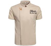Personalized Short Sleeve Chef Coat, Custom Embroidered Chef Jacket for Men Women Breathable Kitchen Workwear (Khaki)