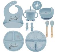 Personalized Silicone Baby Feeding Set with Engraved Name - Custom Baby Bib, Suction Plate, Bowl and Spoon - Silicone Weaning Set - Ideal First Birthday