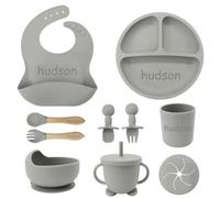 Personalized Silicone Suction Plates for Baby，Custom Toddlers Spoon and Fork, Baby Feeding Set with Name,Baby Birthday Gift for Boy & Girl (Grey)