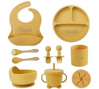 Personalized Silicone Suction Plates for Baby，Custom Toddlers Spoon and Fork, Baby Feeding Set with Name,Baby Birthday Gift for Boy & Girl (Yellow)