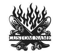 Personalized Skateboard Metal Wall Art, Custom Skater Name Sign with Crossed Boards, Teen Room Decor for Bedroom, Garage and Game Room (Style-2)