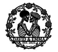 Personalized Skeleton Couple Metal Sign,Custom Gothic Skull Couple Name Signs,Indoor Outdoor Romantic Wall Art for Bedroom,Wedding Valentine's Day Gift for Bride & Groomskull-1