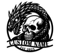 Personalized Skull and Dragon Metal Sign - Custom Name Dark Fantasy Wall Art - Gothic Serpent Skeleton Design for Garage, Bar, or Man Cave Décor (Design-2)