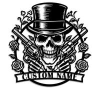 Personalized Skull with Guns and Roses Metal Sign - Custom Name Gothic Western Wall Art - Iron Decoration for Bar, Man Cave, Garage, or Outdoor Spaces (Style-E)