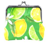 Personalized Sliced Yellow Lemons Limes Green Leather Coin Purse for Women Cute Kiss Lock Girls Change Coin Wallet, Sliced Yellow Lemons Limes Green, Classic