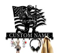 Personalized Soldier Key Holder for Wall, Custom US Soldier Silhouette Sign with Key Hook, Metal Key & Coat Hanger, Army Veteran Gift, Tactical Military Man Cave Decor, Patriotic Home Plaque (Style-1)