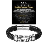 Personalized Son's Infinity Knot Bracelet Gift, To My Son/Grandson Stainless Steel Infinity Knot Leather Engraved with Love You Forever Bracelet Forever Linked Together Jewelry for Birthday Christmas