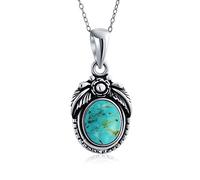 Personalized South Western Gemstone Blue Turquoise Oval Leaf Feather Pendant Necklace Western Jewelry For Women .925 Sterling Silver Customizable