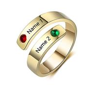 Personalized Spiral Twist Ring Engraved Names BFF Wrap Rings with 2 Simulated Birthstones for Women Adjustable Best Friends Promise Rings for Her (Gold)