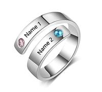 Personalized Spiral Twist Ring Engraved Names BFF Wrap Rings with 2 Simulated Birthstones for Women Adjustable Best Friends Promise Rings for Her Best Friend Gifts (Silver)