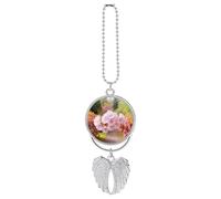 Personalized Spring Blossom Flower Car Rearview Mirror Ornament Double Side Custom Photo Picture Car Hanging Pendant Accessories Alloy Angel Wings Vehicle Decoration Silver