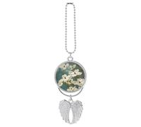 Personalized Spring Dogwood Blossoms Car Rearview Mirror Ornament Double Side Custom Photo Picture Car Hanging Pendant Accessories Alloy Angel Wings Vehicle Decoration Silver