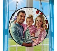 Personalized Stained Glass Suncatcher Window Hanging Custom Photo Family Portrait Faux Ornament Heartfelt Keepsake Gift for Dad Father Mom Family Decor