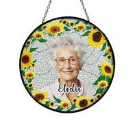 Personalized Stained Glass Suncatcher with Sunflower,Custom Stain Glass Window Hanging Ornament,Custom Photo Decor for Grandma,Mother's Day, Father's Day