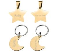 Personalized Star & Moon Pet ID Tag, Stainless Steel Custom Dog Cat Name Tag, Engraved Collar Charm for Puppies, Kittens & Small Pets (Gold)
