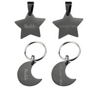 Personalized Star & Moon Pet ID Tag, Stainless Steel Custom Dog Cat Name Tag, Engraved Collar Charm for Puppies, Kittens & Small Pets (Black)