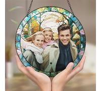 Personalized Suncatcher Stained Glass Window Hanging Gifts Custom Photo Family Window Hanging Ornament Grandma Kids God Cat Family Portrait Faux Stained Glass Memorial Gifts