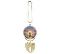 Personalized Sunset and Sailboat Car Rearview Mirror Ornament Double Side Custom Photo Picture Car Hanging Pendant Accessories Alloy Angel Wings Vehicle Decoration Golden