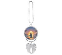 Personalized Sunset and Sailboat Car Rearview Mirror Ornament Double Side Custom Photo Picture Car Hanging Pendant Accessories Alloy Angel Wings Vehicle Decoration Silver