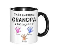 Personalized This Awesome Dad Belongs to Coffee Mug, Custom Kids Name Handprint Printed Ceramic Cup, 11oz Funny Gifts Mug for Dad Papa Grandpa from Son Daughter Birthday Christmas Thanksgiving