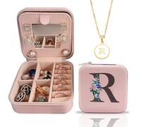 Personalized Travel Jewelry Box with Mirror - Compact Portable Organizer for Women with Letter Necklace, Ideal for Mother's Birthday and Valentine's Day Gift (R)