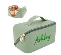 Personalized Travel Makeup Bag, Large Capacity Cosmetic Bags for Women, Vegan Leather Waterproof Portable Organizer Pouch, Wide Open Flat Toiletry Makeup with Divider and Handle Green