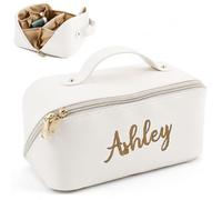 Personalized Travel Makeup Bag, Large Capacity Cosmetic Bags for Women, Vegan Leather Waterproof Portable Organizer Pouch, Wide Open Flat Toiletry Makeup with Divider and Handle White