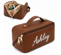Personalized Travel Makeup Bag, Large Capacity Cosmetic Bags for Women, Vegan Leather Waterproof Portable Organizer Pouch, Wide Open Flat Toiletry Makeup with Divider and Handle Deep Brown