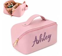 Personalized Travel Makeup Bag, Large Capacity Cosmetic Bags for Women, Vegan Leather Waterproof Portable Organizer Pouch, Wide Open Flat Toiletry Makeup with Divider and Handle Pink