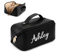 Personalized Travel Makeup Bag, Large Capacity Cosmetic Bags for Women, Vegan Leather Waterproof Portable Organizer Pouch, Wide Open Flat Toiletry Makeup with Divider and Handle Black