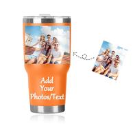 Personalized Travel Mug with Picture&Text,Customized Coffee Cup Travel Mug for Her Stainless Steel Thermal Vacuum Flask, Leakproof Tumbler, Coffee Mug with BPA Free Easy-Clean Lid, 30oz (Orange)