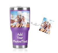 Personalized Travel Mug with Picture&Text,Customized Coffee Cup Travel Mug for Her Stainless Steel Thermal Vacuum Flask, Leakproof Tumbler, Coffee Mug with BPA Free Easy-Clean Lid, 30oz (Purple)