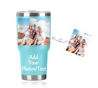 Personalized Travel Mug with Picture&Text,Customized Coffee Cup Travel Mug for Her Stainless Steel Thermal Vacuum Flask, Leakproof Tumbler, Coffee Mug with BPA Free Easy-Clean Lid, 30oz (Cyan)