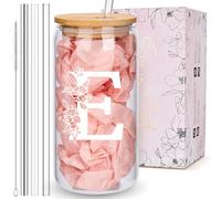 Personalized Tumbler, Monogrammed Can Glass Cups with Bamboo Lids and Straws, Customized Gifts for Women, Cute Design Initial Iced Coffee glasses, Custom Letter Mug, Birthday Bridesmaid, E