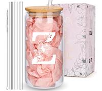 Personalized Tumbler, Monogrammed Can Glass Cups with Bamboo Lids and Straws, Customized Gifts for Women, Cute Design Initial Iced Coffee glasses, Custom Letter Mug, Birthday Bridesmaid, Z