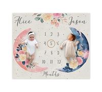 Personalized Twins Blanket with Name,Twins Boho Baby Monthly Milestone Blanket, Newborn Baby Blanket Gift, Pink Flower Baby Girl Milestone Growth Blanket Minky
