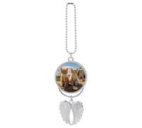Personalized Two Little Cats Car Rearview Mirror Ornament Double Side Custom Photo Picture Car Hanging Pendant Accessories Alloy Angel Wings Vehicle Decoration Silver